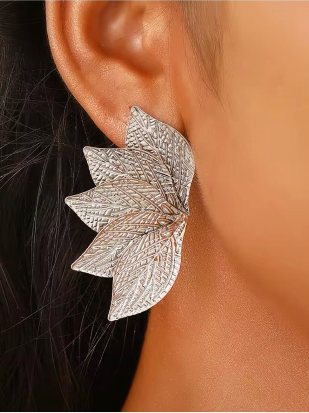 Textured Silver Leaf Floral Earrings - Women Jewelry